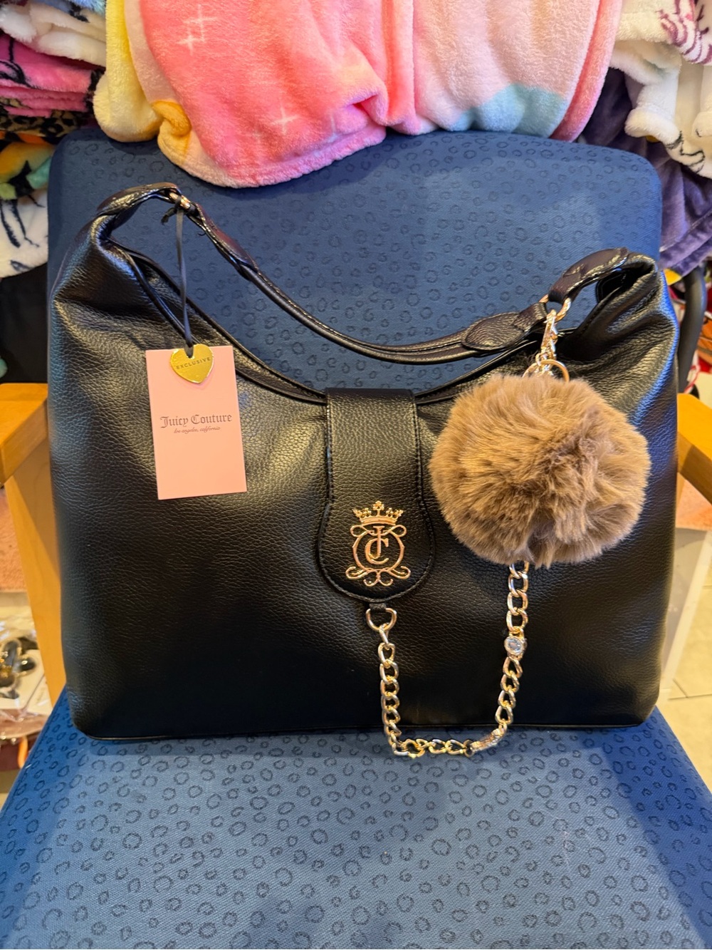 Juicy Couture Black Shoulder Hobo Bag with Gold Chain and Brown Pom